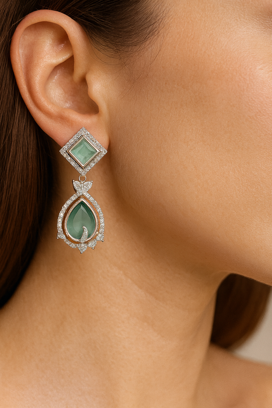 Elegant Silver-Plated Green Stone Drop Earrings with Cubic Zirconia Halo