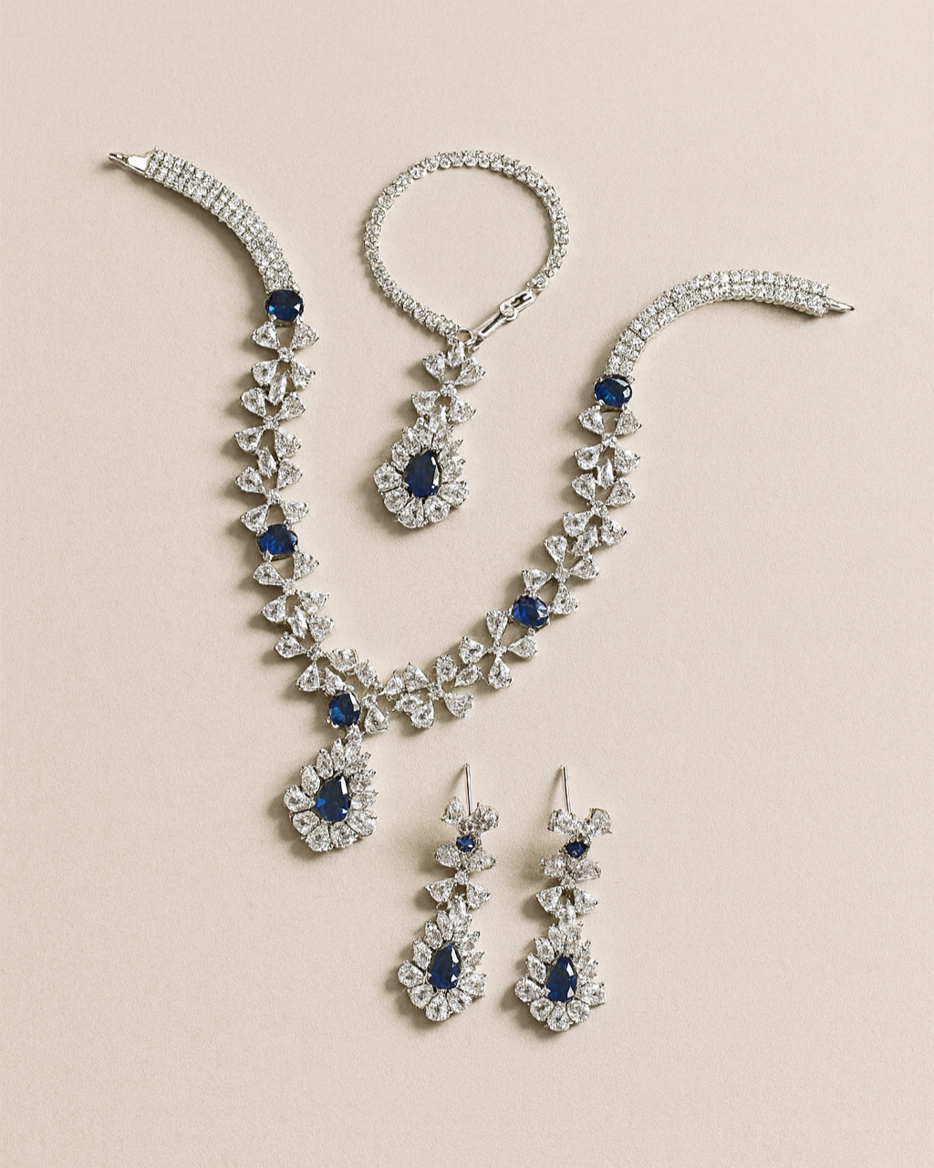Luxury Sapphire Blue Jewelry Set – Silver-Tone Necklace, Earrings & Maang Tikka with Cubic Zirconia