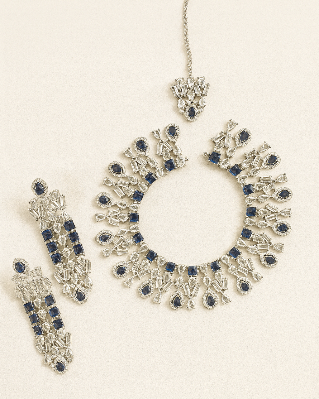 Luxury Sapphire Blue & Silver Statement Jewelry Set – Necklace, Earrings & Maang Tikka with Cubic Zirconia