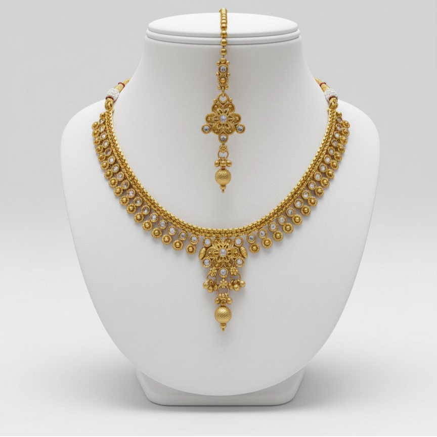 Gold-Plated Traditional Necklace, Earrings Set & Headpiece – Floral Design with Stone Detailing and Pearl Drops