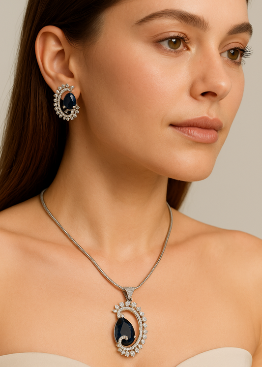 Elegant Silver-Plated Blue Stone Pendant & Earrings Set with Sparkling Cubic Zirconia