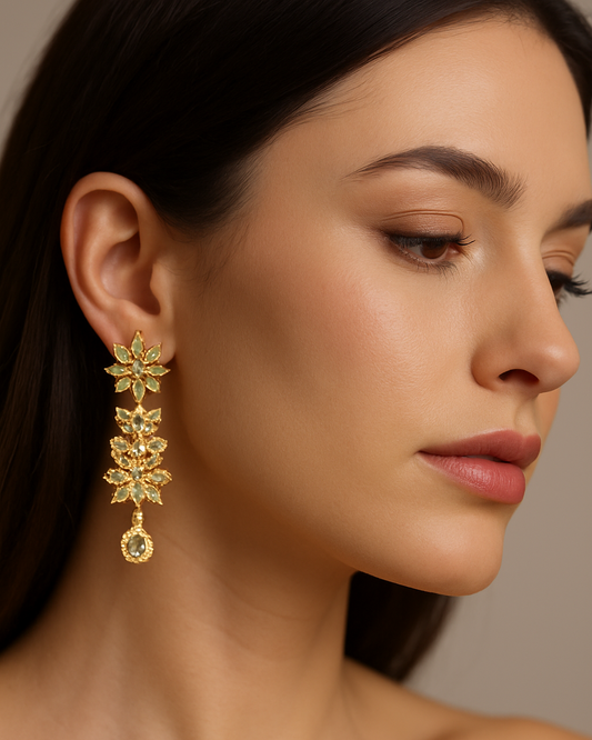 Gold-Plated Floral Long Drop Earrings with Sparkling Stones – Elegant Statement Jewelry