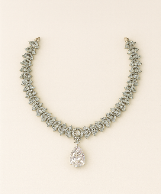 Luxury Silver-Plated Jewelry Set with Teardrop Cubic Zirconia Stones – Necklace, Earrings & Maang Tikka