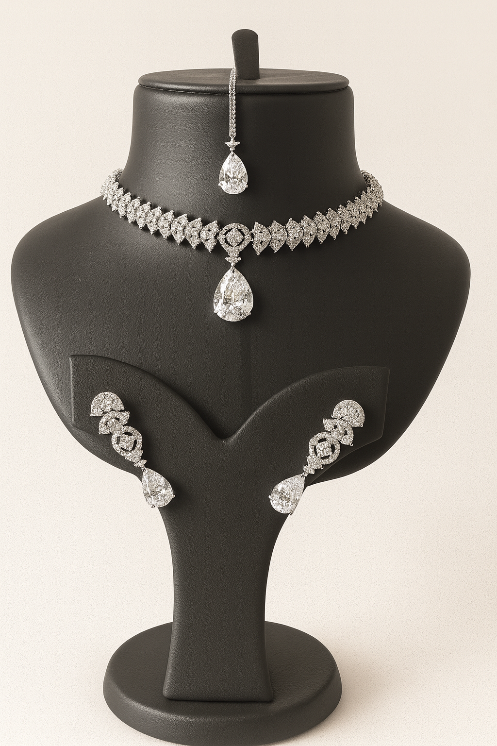 Luxury Silver-Plated Jewelry Set with Teardrop Cubic Zirconia Stones – Necklace, Earrings & Maang Tikka