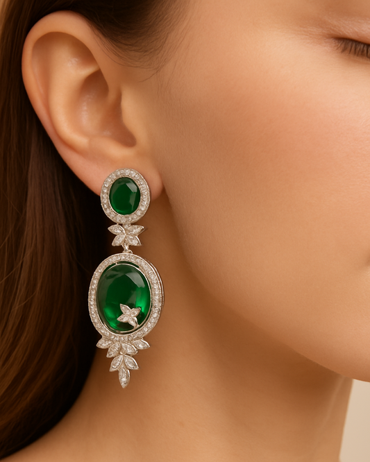 Emerald Elegance Silver Drop Earrings with Cubic Zirconia