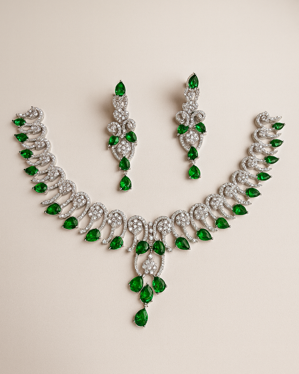 Elegant Silver and Green Teardrop Necklace & Earrings Set with Cubic Zirconia