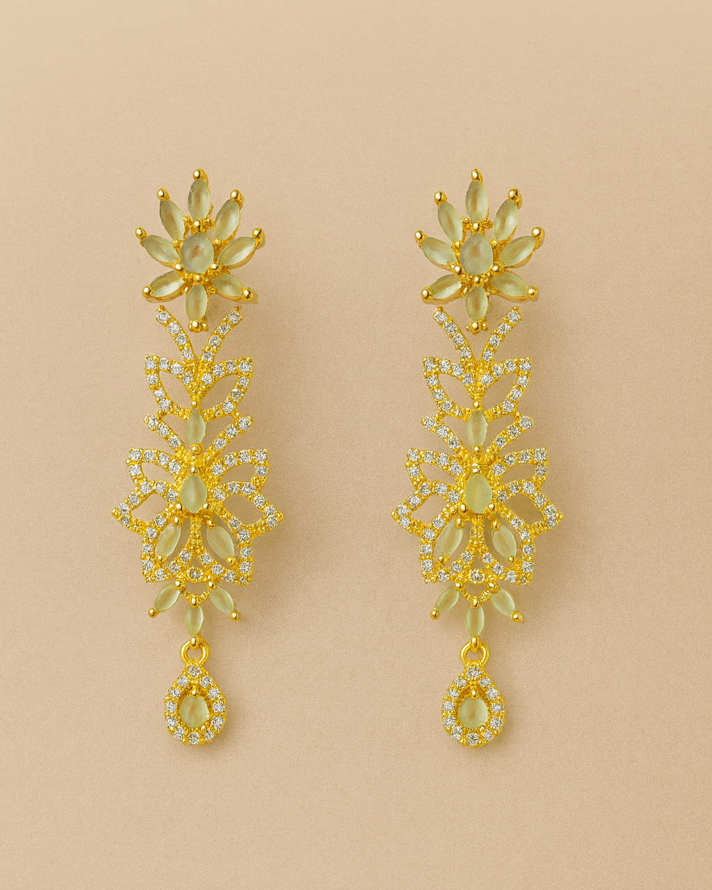 Gold-Plated Floral Long Drop Earrings with Sparkling Stones – Elegant Statement Jewelry