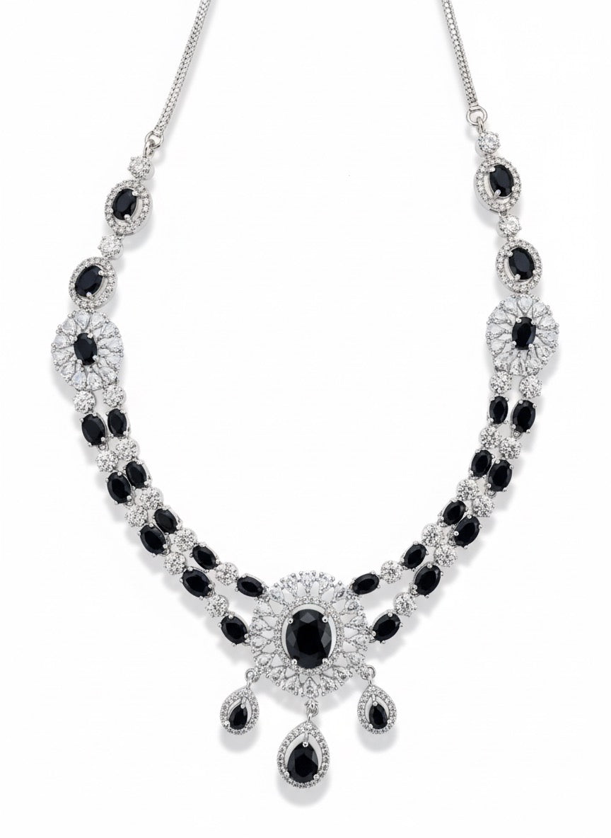 Black & White Stone Statement Jewelry Set - Necklace, Chandelier Earrings & Headpiece