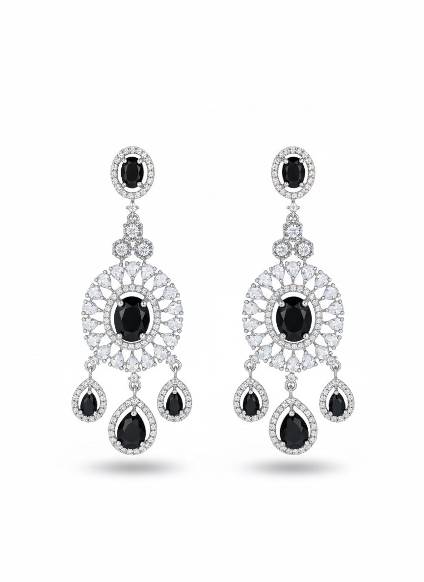 Black & White Stone Statement Jewelry Set - Necklace, Chandelier Earrings & Headpiece