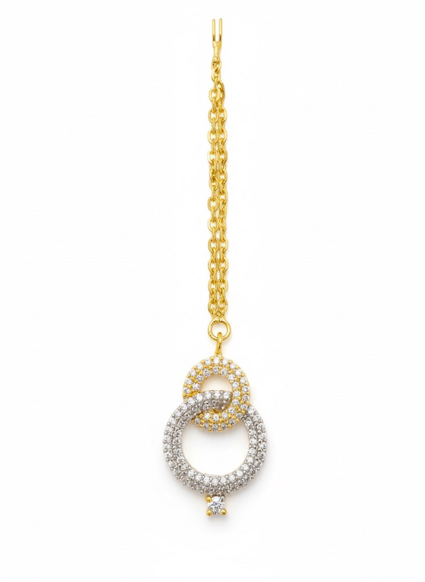 Gold chain necklace with interlocking diamond-studded yellow and white gold circular pendants