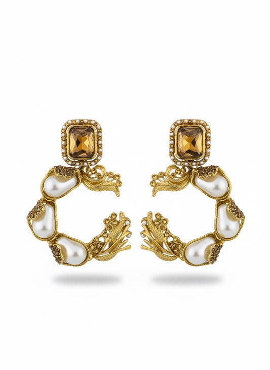 Turkish-Inspired Pearl & Ruby Statement Earrings - Gold & Silver Tone