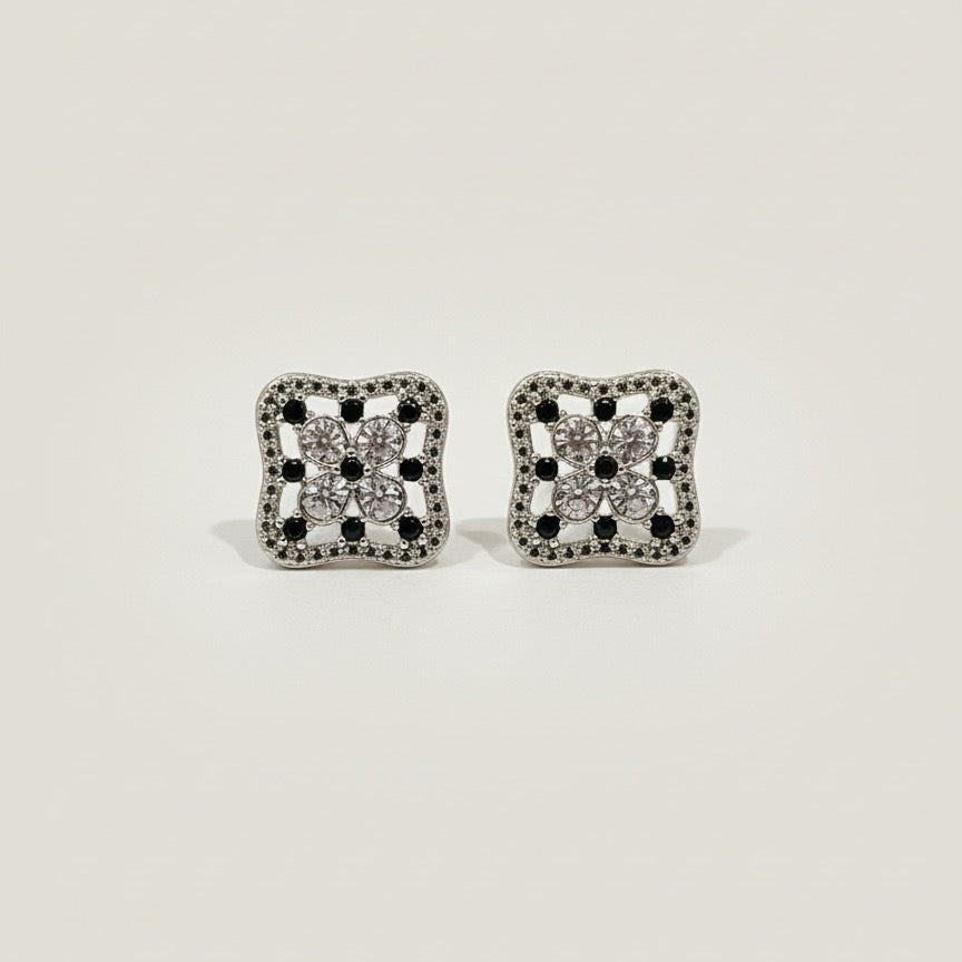 Silver Clover Stud Earrings with Black & Clear Crystals