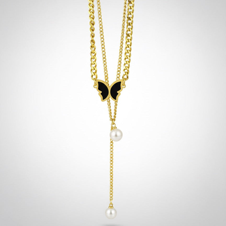 Gold Plated Stainless Steel Black Butterfly & Pearl Y-Chain Necklace - Dainty & Durable
