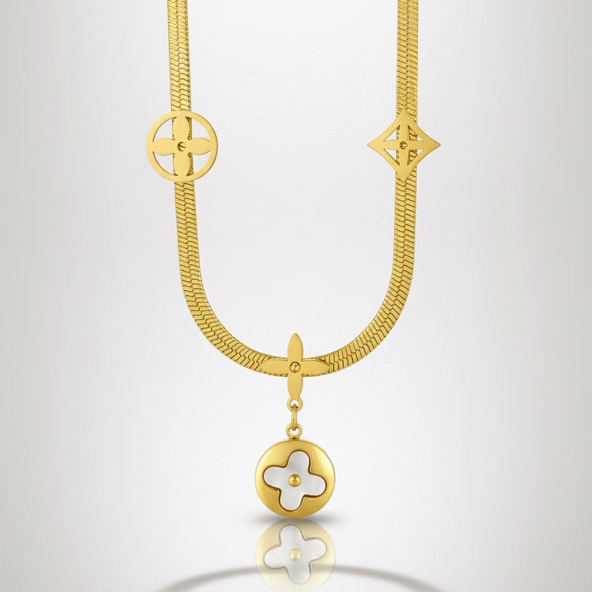 Gold Plated Stainless Steel Serpent Chain Necklace - Floral Clover Charms & Mother of Pearl Inlay