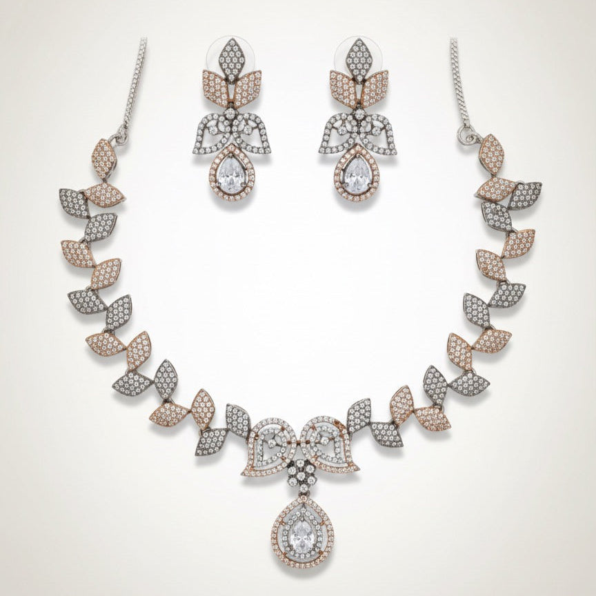 Rose Gold & Silver Plated Cubic Zirconia Leaf-Motif Necklace Set