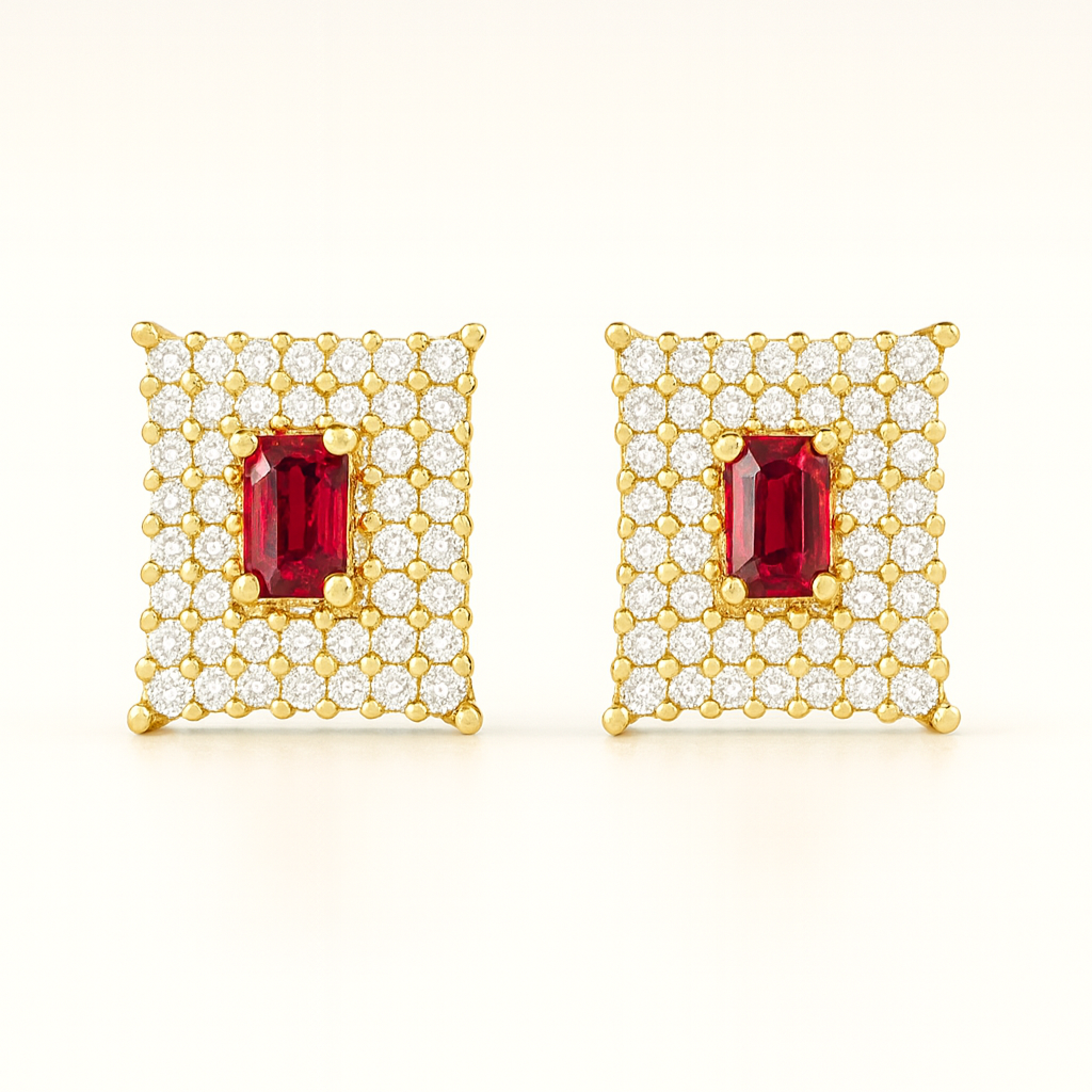 Gold-Plated Rectangular Stud Earrings with Red Ruby Center & Cubic Zirconia Pave – Elegant Square Design