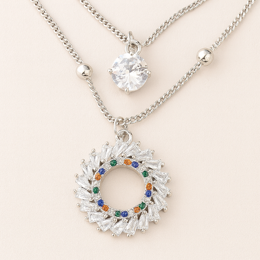 Silver-Plated Layered Pendant Necklace with Crystal & Multicolor Wreath Charm – Elegant Double Chain Design