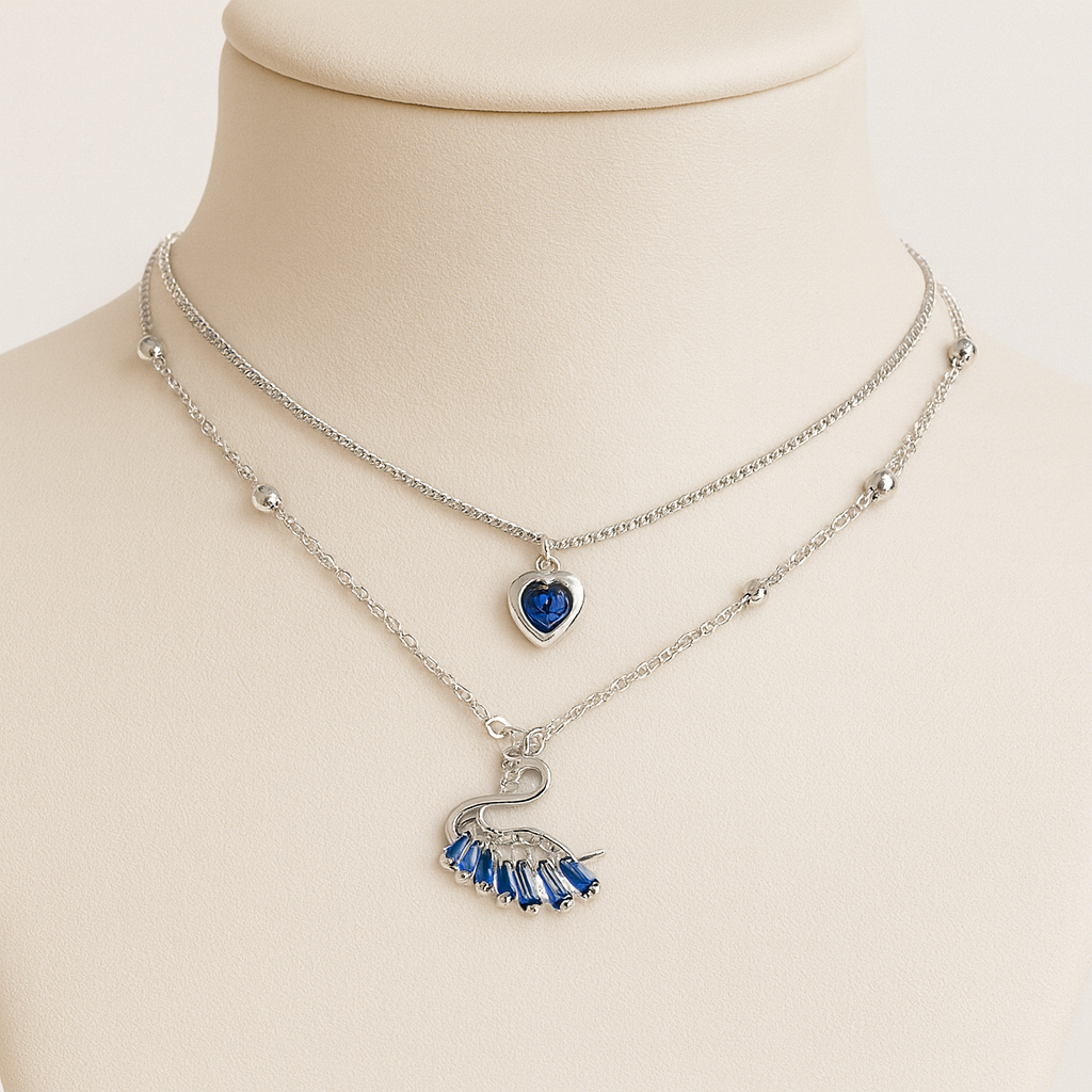 Sterling Silver Layered Necklace with Blue Heart & Swan Pendants – Elegant Double Chain Jewelry