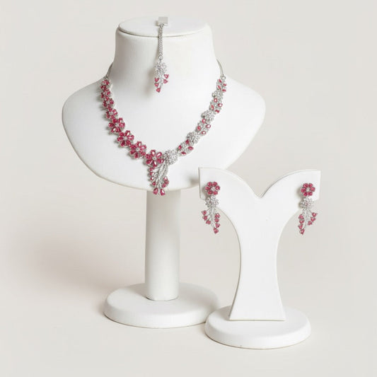 Elegant Stone & CZ Diamond Artificial Jewelry Set – Necklace, Earrings & Maang Tikka