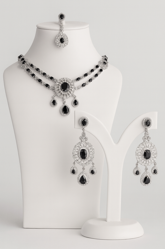 Black & White Stone Statement Jewelry Set - Necklace, Chandelier Earrings & Headpiece