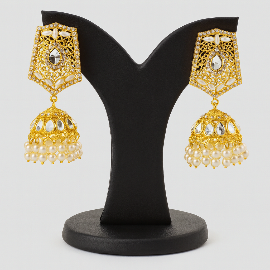 Gold-Plated Kundan Jhumka Earrings with Pearl Drops – Traditional Indian Ethnic Jewelry