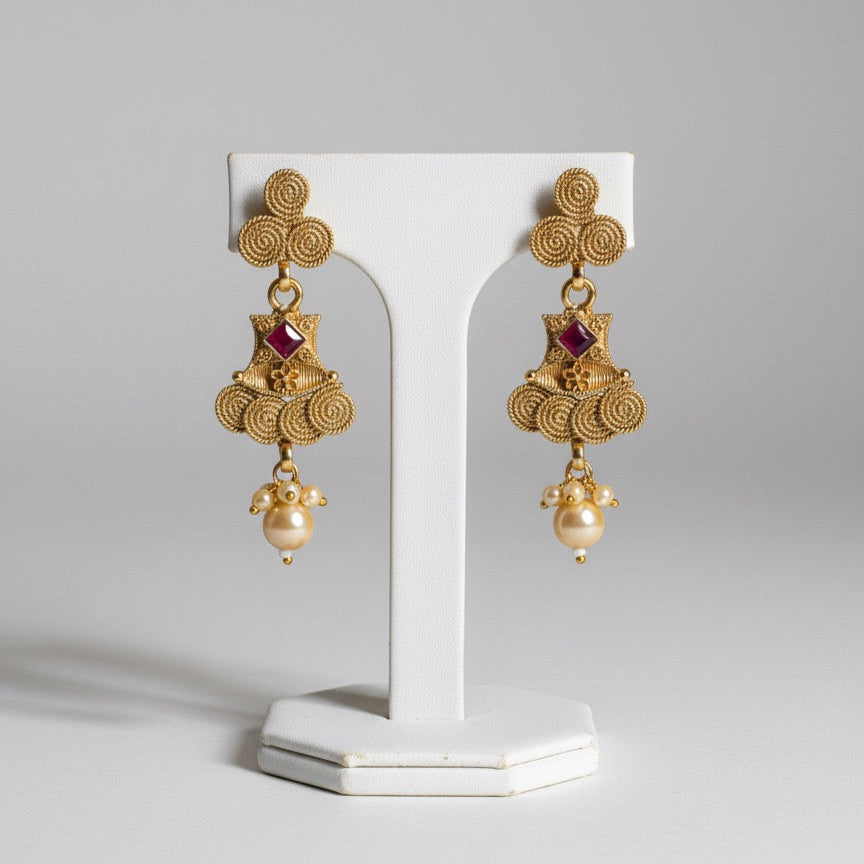 Gold-Plated Necklace, Earrings & Maang Tikka Set – Traditional Red Stone Design with Pearl Drops