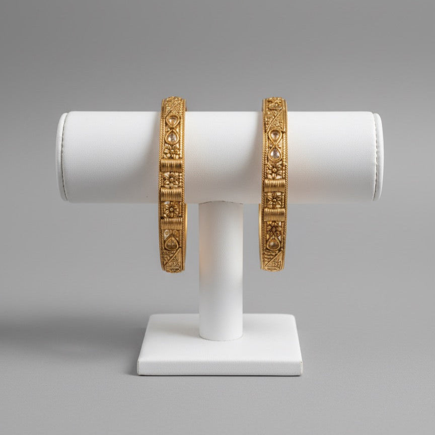Gold-Plated Traditional Bangles – Handcrafted Floral & Geometric Design with Stone Detailing (Pair)