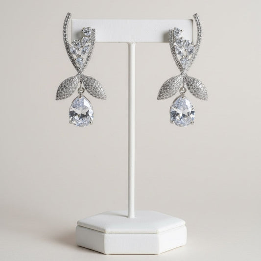 Luxury Alloy Drop Earrings – Teardrop Cut Stones with Cubic Zirconia Leaf Design