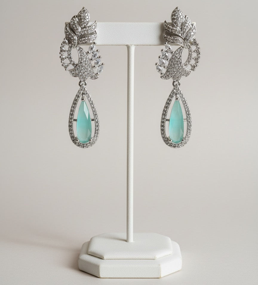 Luxury Alloy Drop Earrings – Mint Green Teardrop Stone with Cubic Zirconia Leaf Design