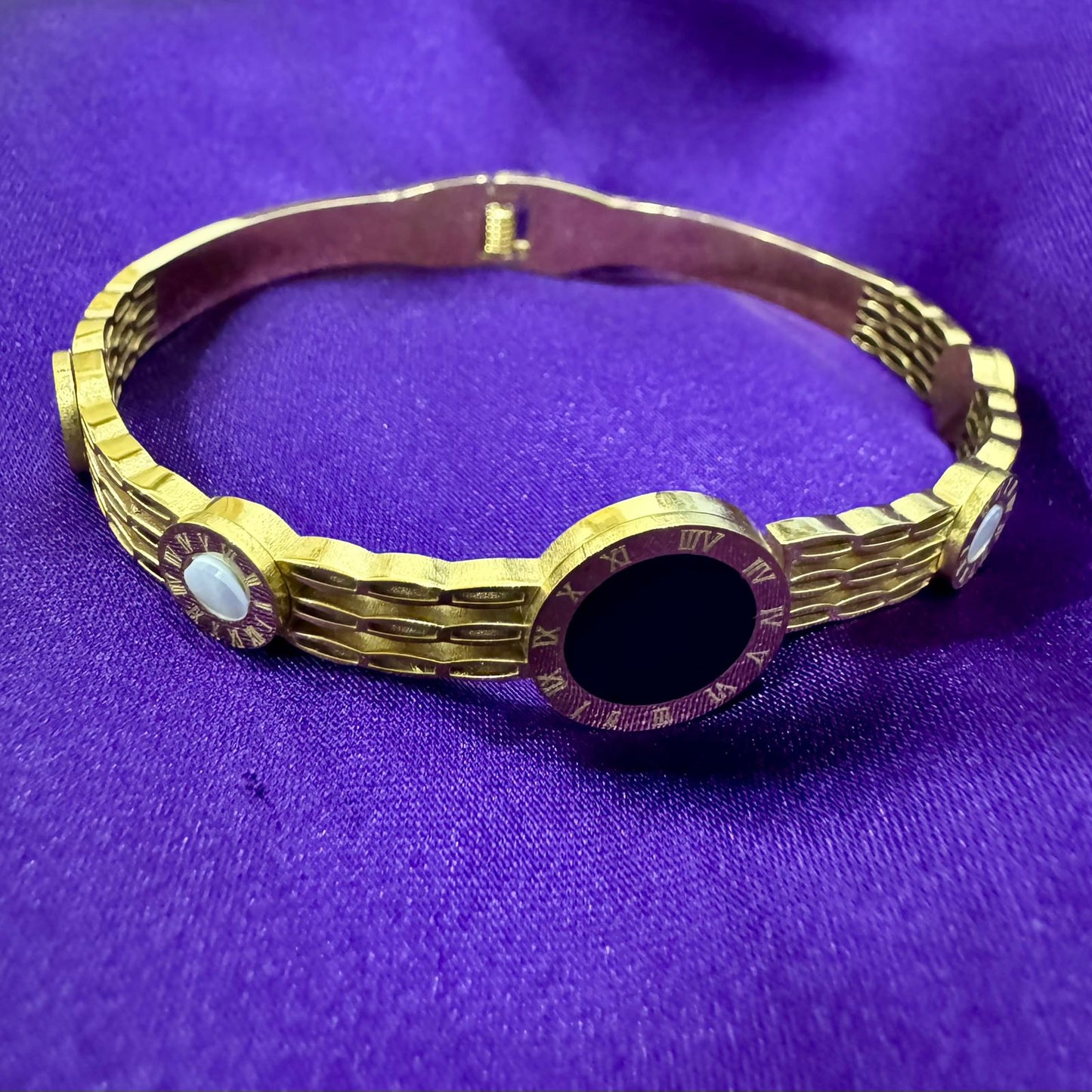 Stainless Steel Black Enamel Roman Numeral Bracelet – Gold Finish