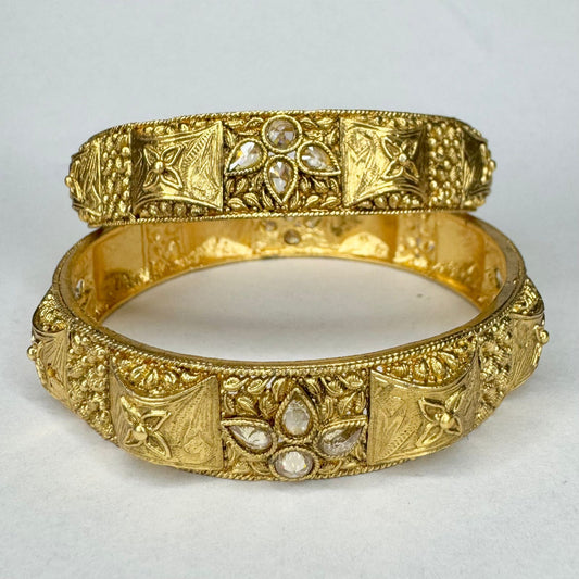 Antique Gold Finish Kada Bangles – Handcrafted Traditional Design with Stone Detailing (Pair)