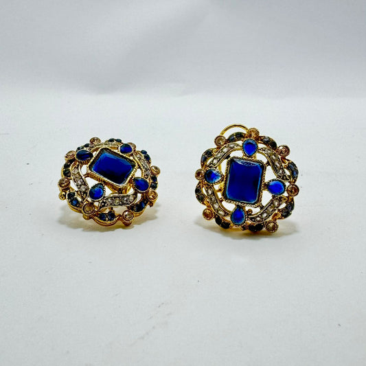 Gold Plated Royal Blue Stone Stud Earrings | Antique Kundan/Polki Style | Victorian/Mughal Inspired Design | Statement Ear Cuffs