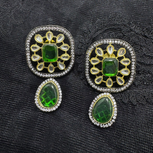 Polki Kundan Convertible Earrings | Dual Tone Black & Gold Finish | Detachable Square Stud & Teardrop Dangler | Traditional Statement Jewelry