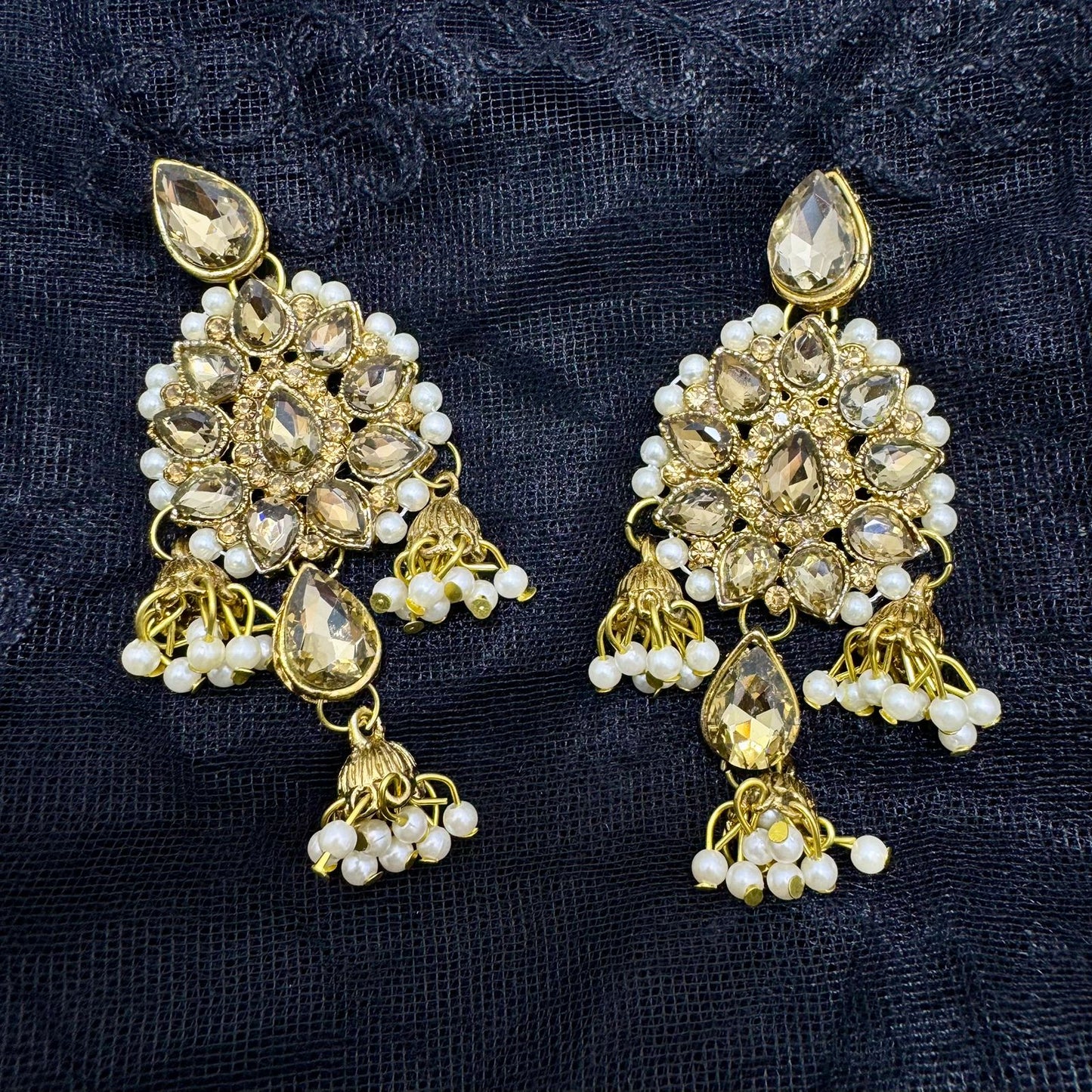 Gold Plated Champagne Teardrop Stone & Pearl Cluster Chandelier Earrings | Lightweight Statement Jhumki Dangler | Festive Traditional Bahubali Earings