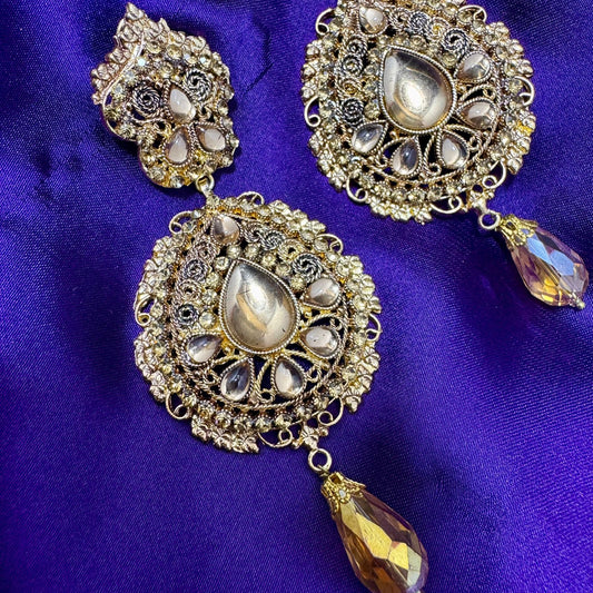 Premium Gold-Toned Kundan and Stone Dangle Earrings - Traditional/Ethnic Style with Champagne Drop - Antique Finish