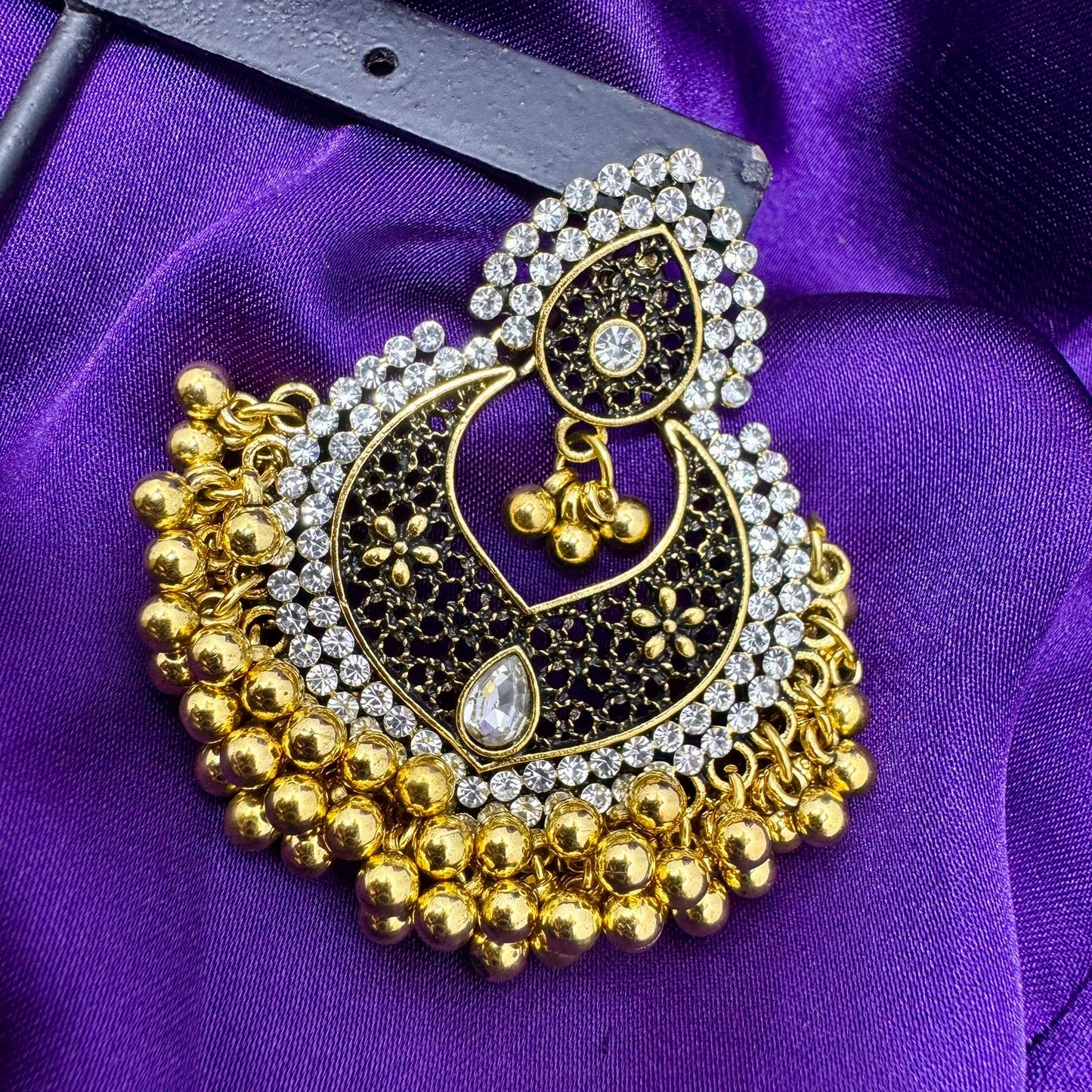 Oxidized Metal & Kundan Jhumka Earrings | Black & Gold Statement Chandbali Style | Filigree, Bead & Diamond-Cut Stone Finish | Traditional Indian Jewelry