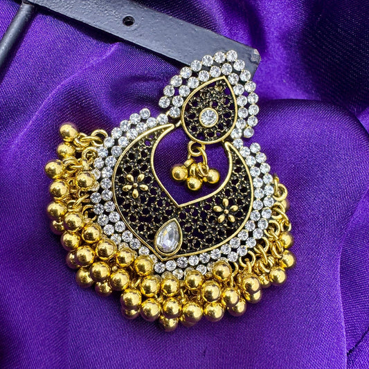 Oxidized Metal & Kundan Jhumka Earrings | Black & Gold Statement Chandbali Style | Filigree, Bead & Diamond-Cut Stone Finish | Traditional Indian Jewelry