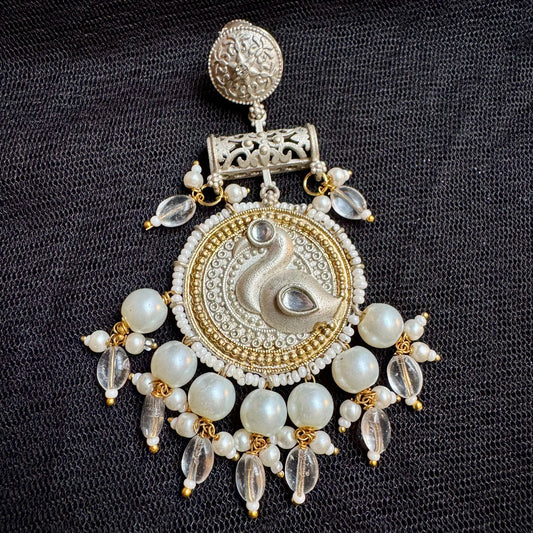 Dual-Tone Oxidized Silver & Gold Plated Danglers | Swan Motif & Pearl Drop Earrings | Filigree Traditional Indian Style | Large Statement Size