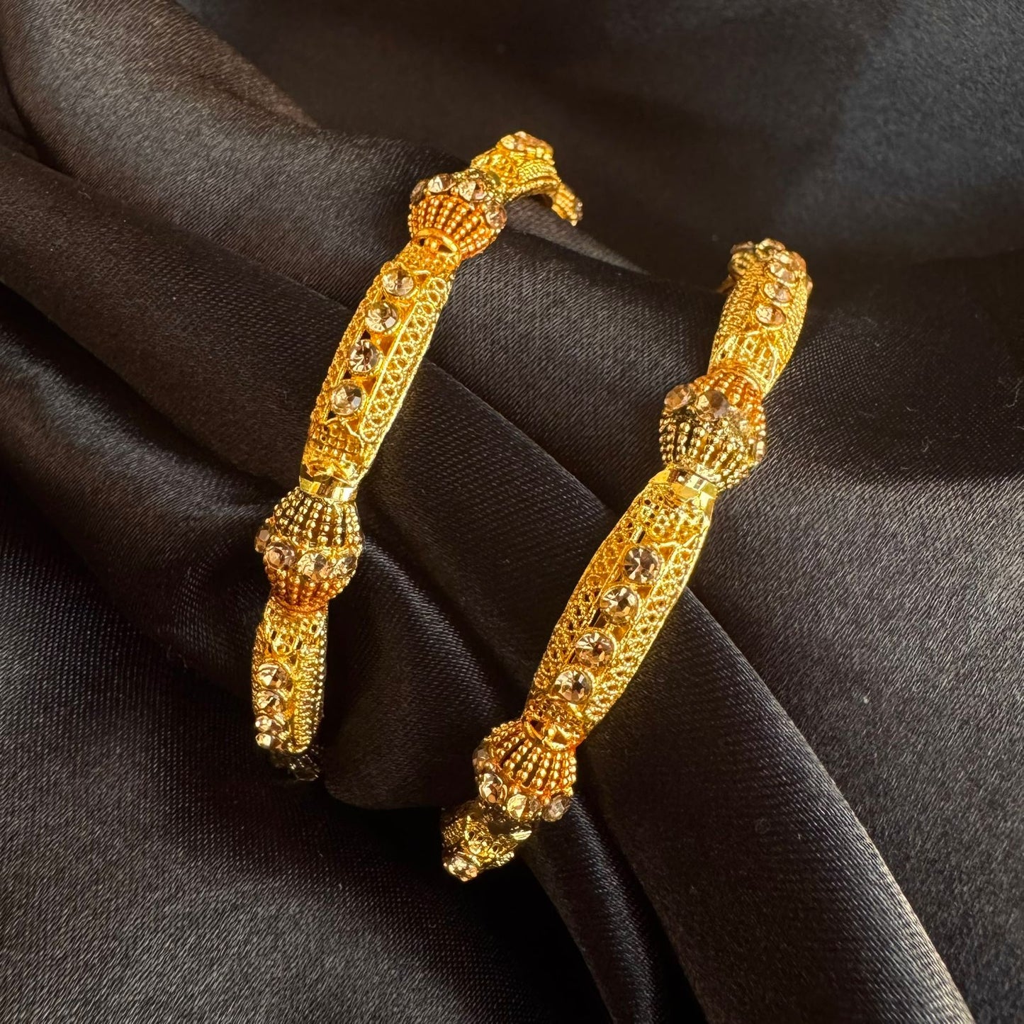 Traditional Gold-Plated Rigid Kada Set with Champagne CZ Stones - Set of 2 (1 pair) (size 2.8)