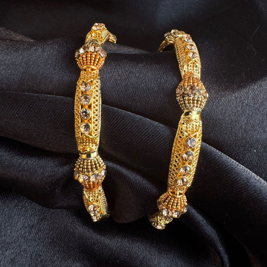 Traditional Gold-Plated Rigid Kada Set with Champagne CZ Stones - Set of 2 (1 pair) (size 2.8)