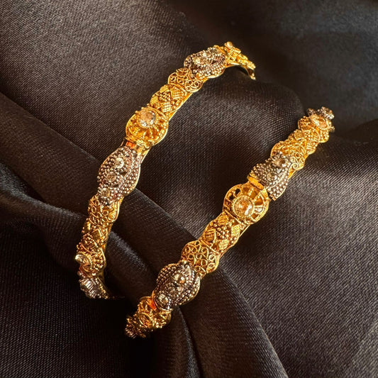 Antique Silver Plated Ornate Filigree Design Kada Bangle Set with CZ Stones Set of 2 (1 pair) (size 2.8)