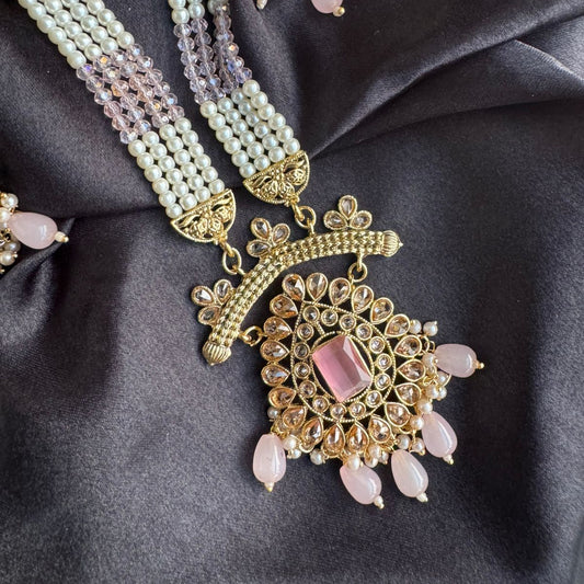 Regal Gold-Plated Kundan Pink & Black Variants Bead Long Necklace Set