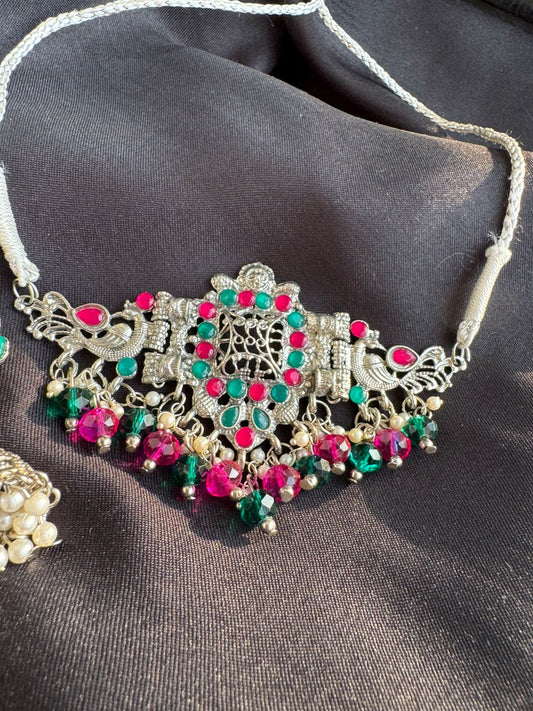 Multi-Color Stone Oxidized Silver Plated Choker Necklace Set