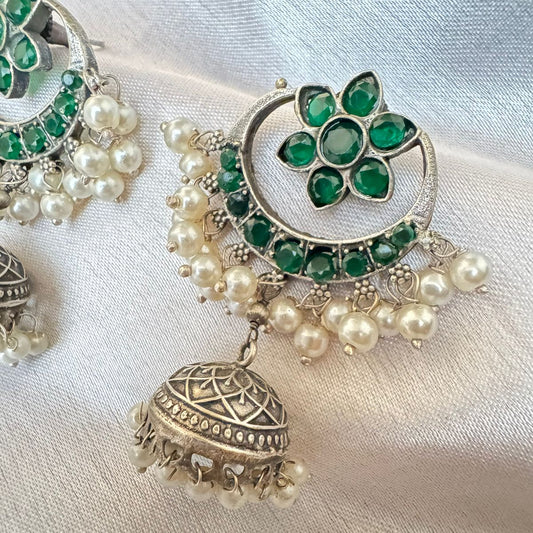 Handcrafted Traditional Indian Ethnic Green Stone & Pearl Silver-Plated Jhumka Earrings