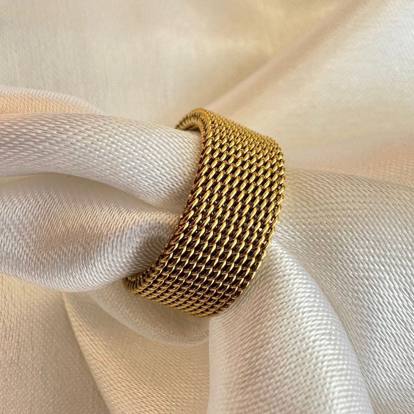 Wide Band Style Gold-Tone Mesh Cuff Bracelet & Ring Set