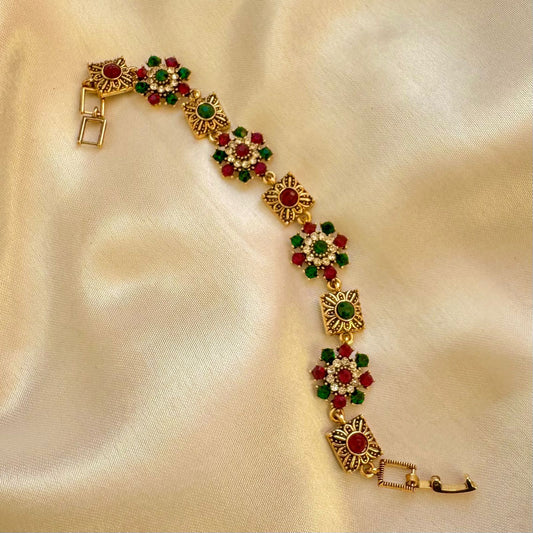 Antique Gold Finish Red & Green Stone Link Bracelet