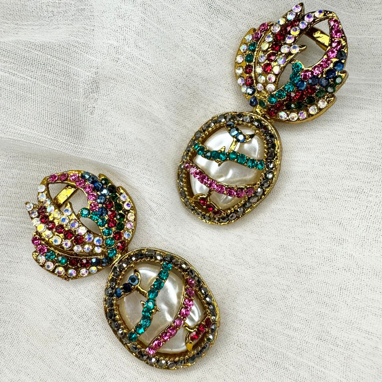 Turkish Inspired Gold-Plated Multicolor Stone Earrings with Pearl Center – Designer Statement Jewelry