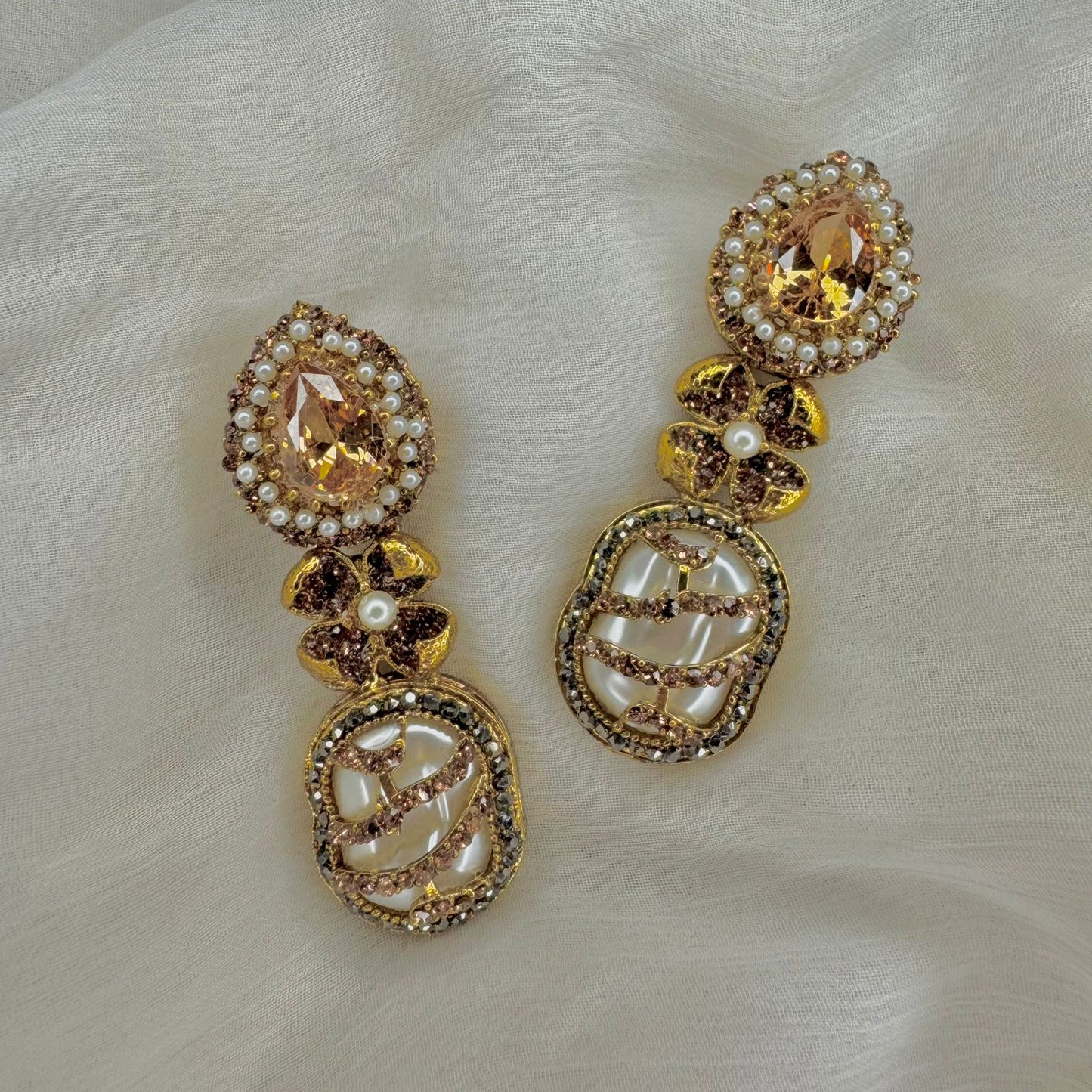 Turkish Inspired Gold-Plated Drop Earrings with Amber Stones & Pearl Detailing