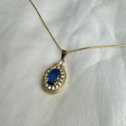 Gold-Plated Dark Navy Blue Oval Jewelry Set with CZ Accents – Ring, Pendant & Earrings