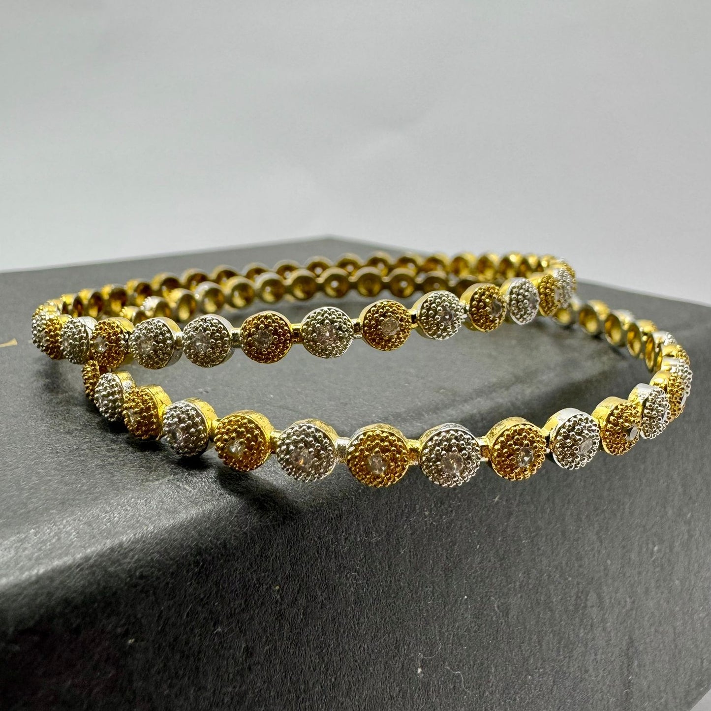 Premium Two-Tone Gold & Silver Plated Cubic Zirconia Tennis Style Slim Bangle Bracelets - 1 set (4 bangles) (Size 2.8)